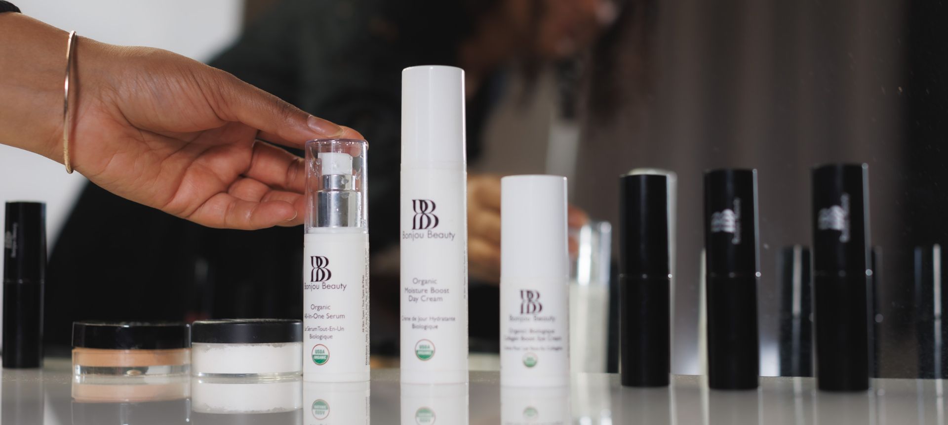 Skincare and makeup products on a table