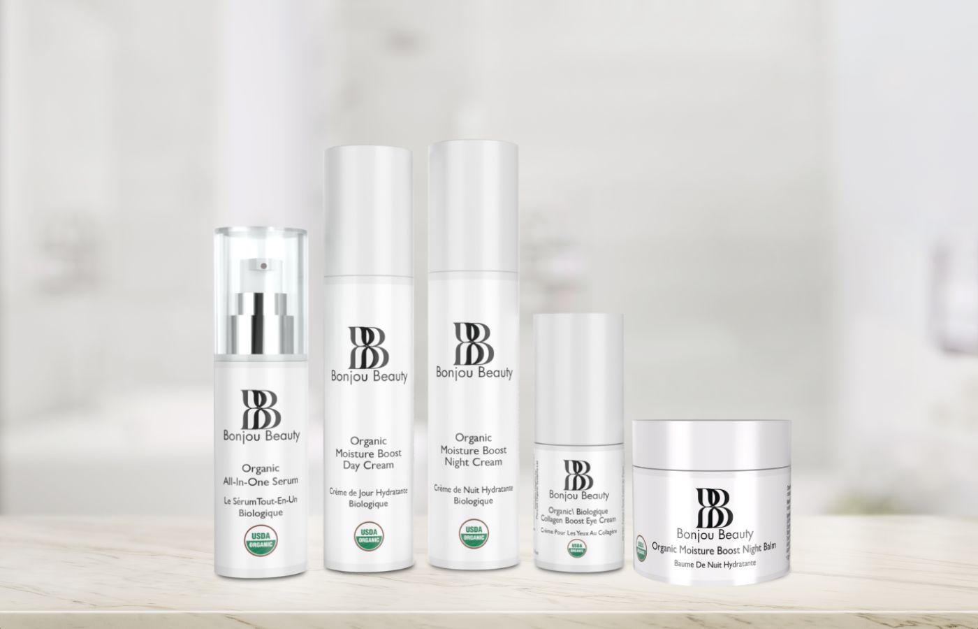 Certified organic skincare collection on counter