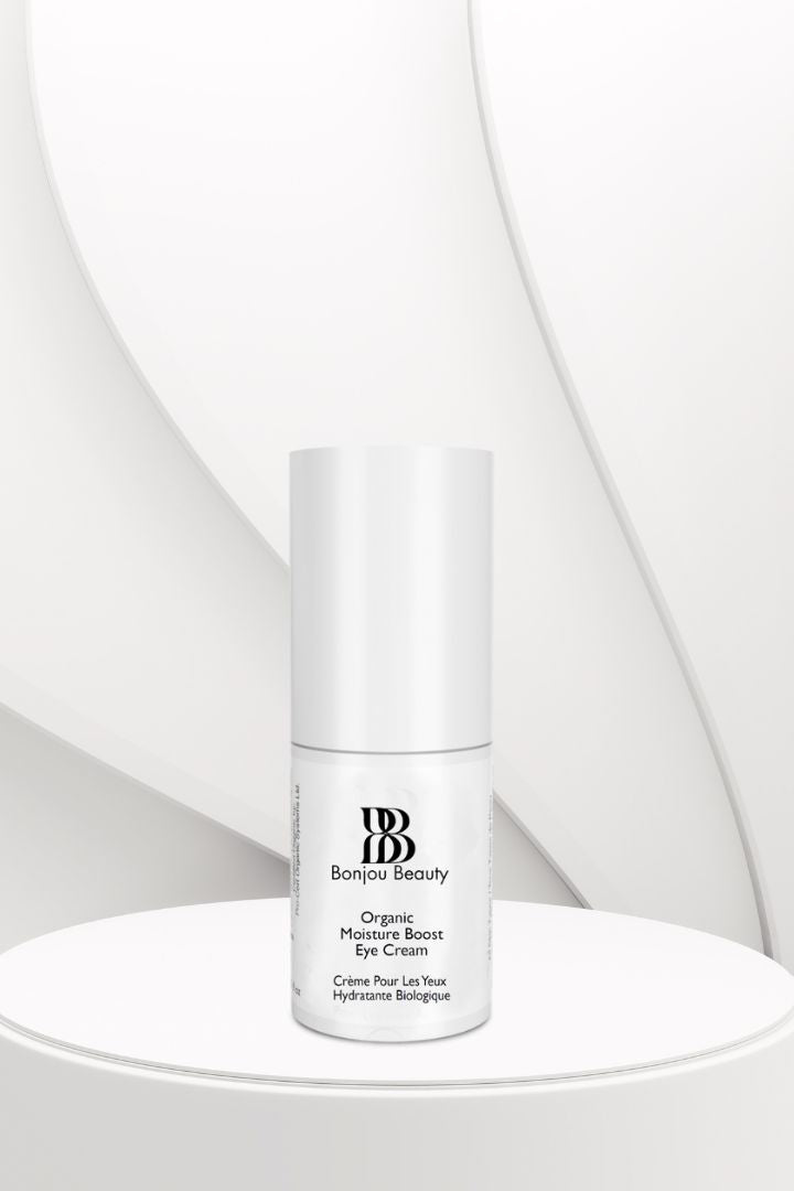 White eye cream bottle with 'Bonjou Beauty' branding on a white  table and background