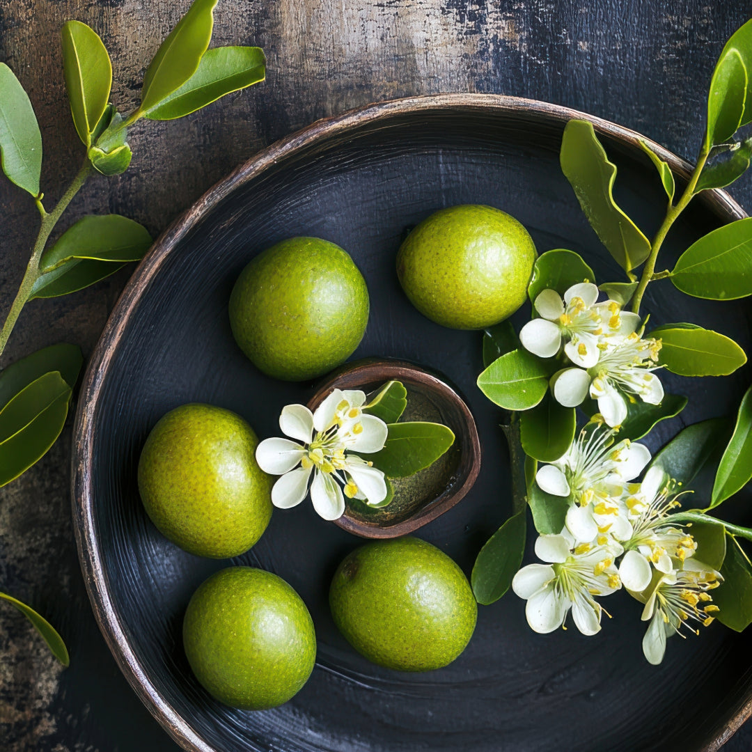 Kakadu plums in a bowl with flowers