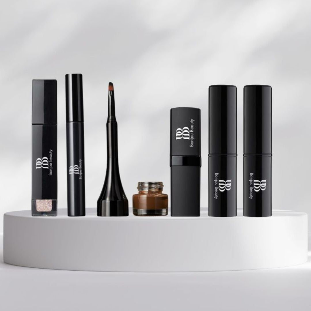 Six Bonjou beauty makeup products in packaging on a white backdrop