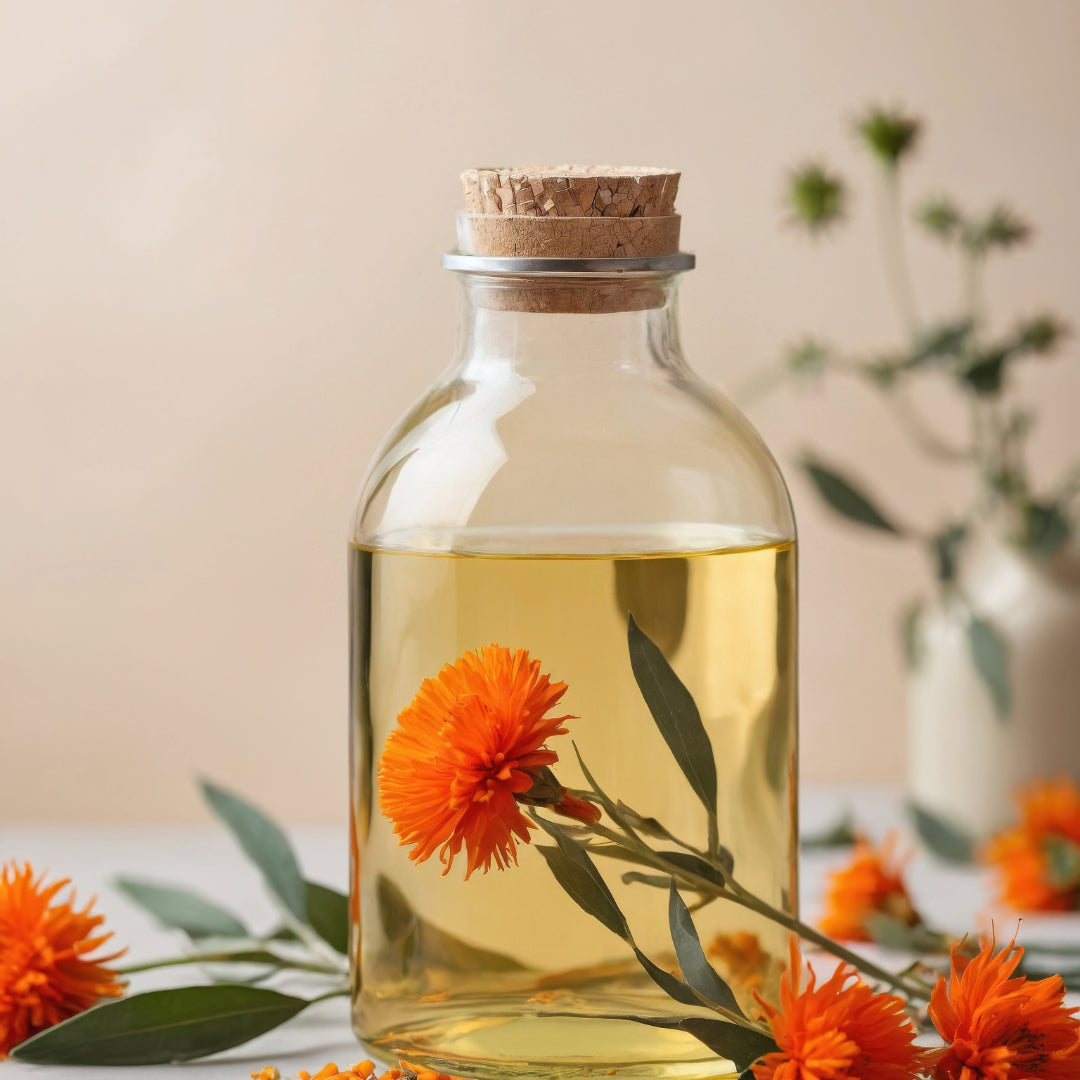 Safflower Oil in a jar surrounded by safflowers