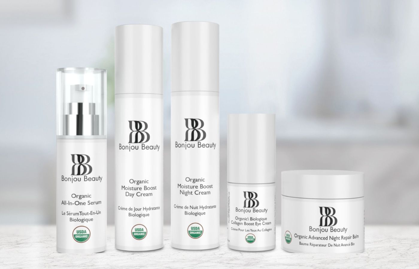 Four Bonjou Beauty Skincare Products on blurred background