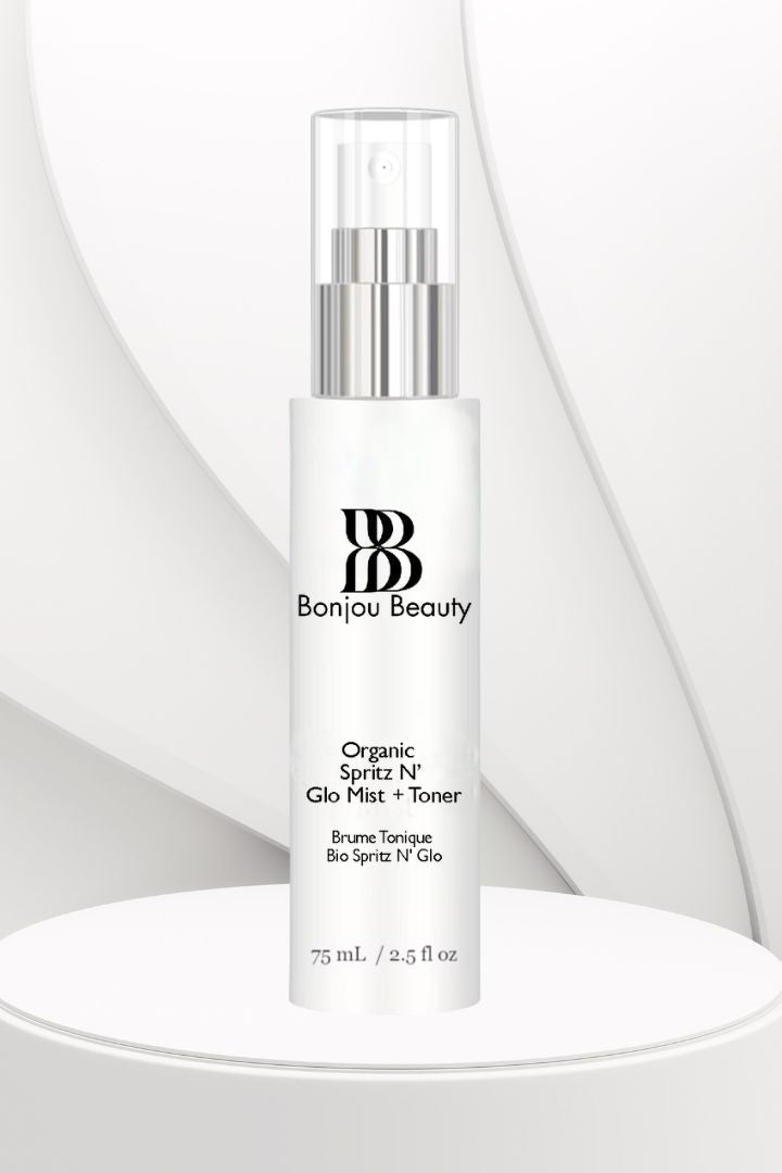 Bonjou Beauty Organic Spritz N' Glo Mist + Toner bottle on a white table and background