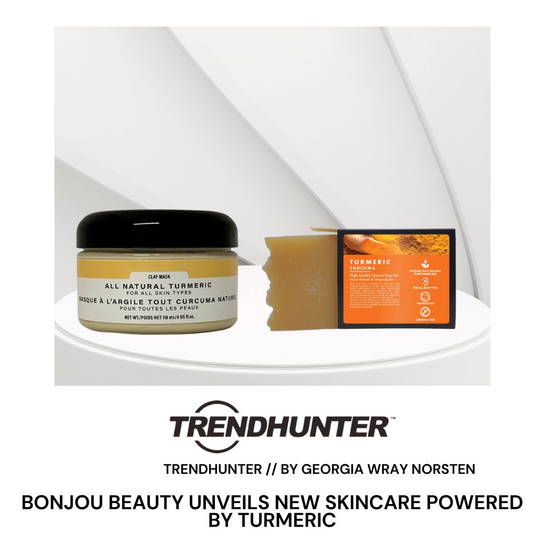 Turmeric mask and soap on a white display for Trendhunter magazine