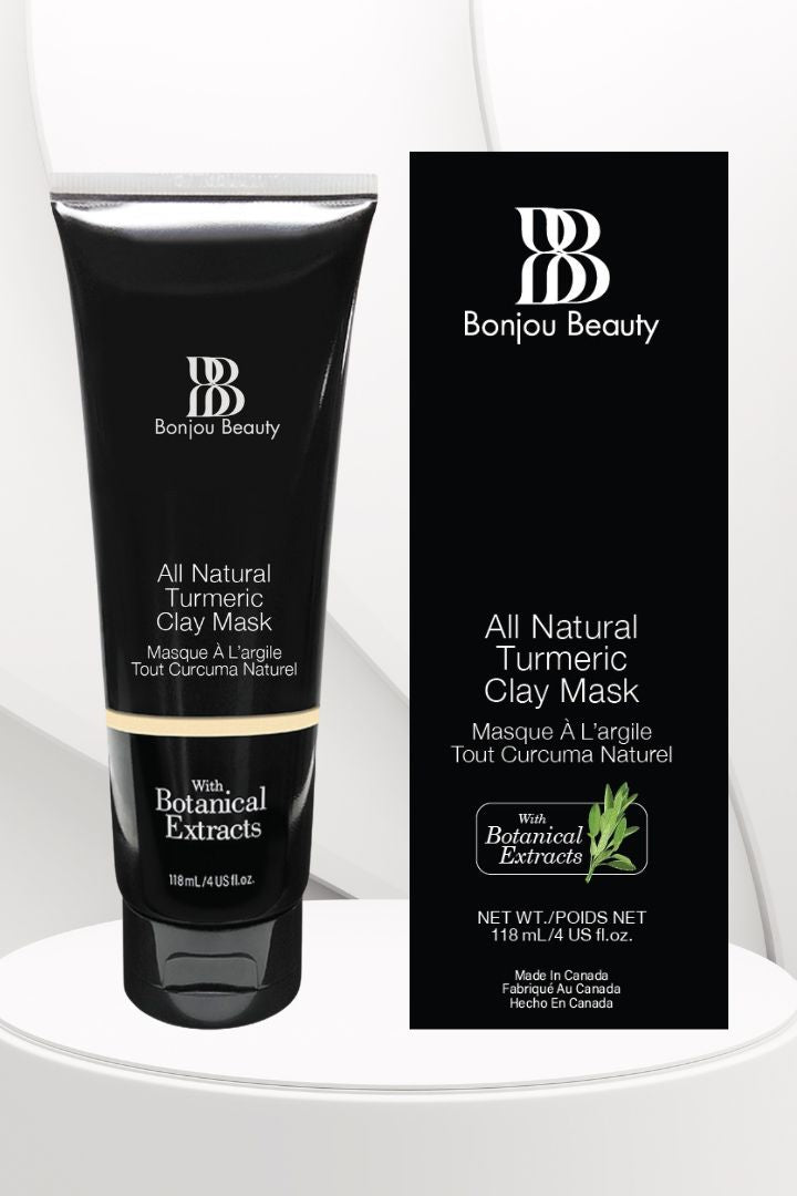 Bonjou Beauty All Natural Turmeric Clay Mask in black tube with black packaging on a white background.