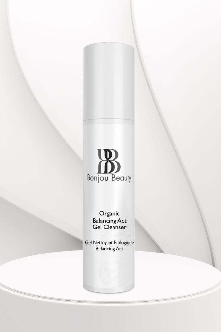 Bonjou Beauty Organic Balancing Act Gel Cleanser bottle on a white table and background