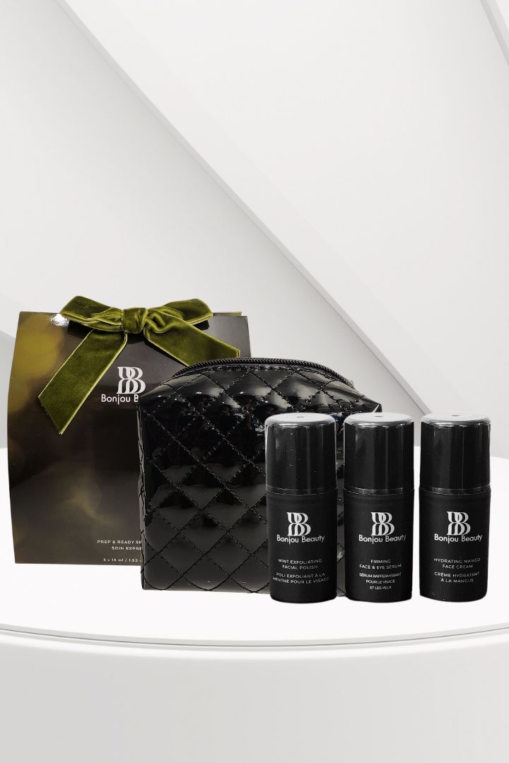 Trio set of skincare products including a black quilted bag, three Bonjou Beauty branded black bottles, and a gift box on a white background.