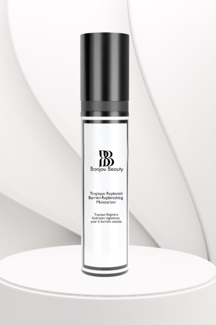 Bonjou Beauty Tropique Replenish Moisturizer Skincare bottle with black cap and white label on a light gray background