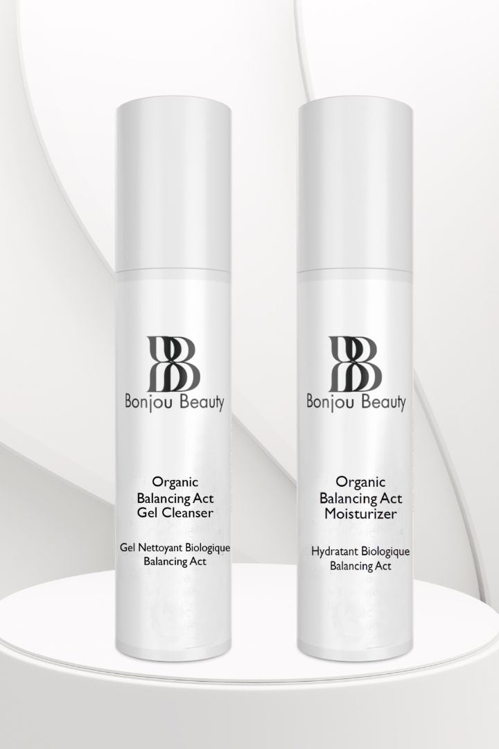 Two bottles of Bonjou Beauty Organic Balancing Act products, the moisturizer and cleanser, on a white table and background