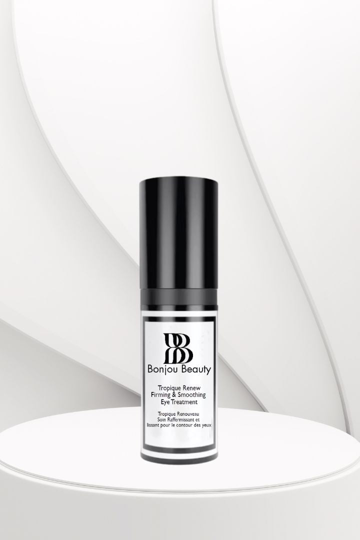 Bonjou Beauty Tropique Renew eye cream bottle on a white table and background