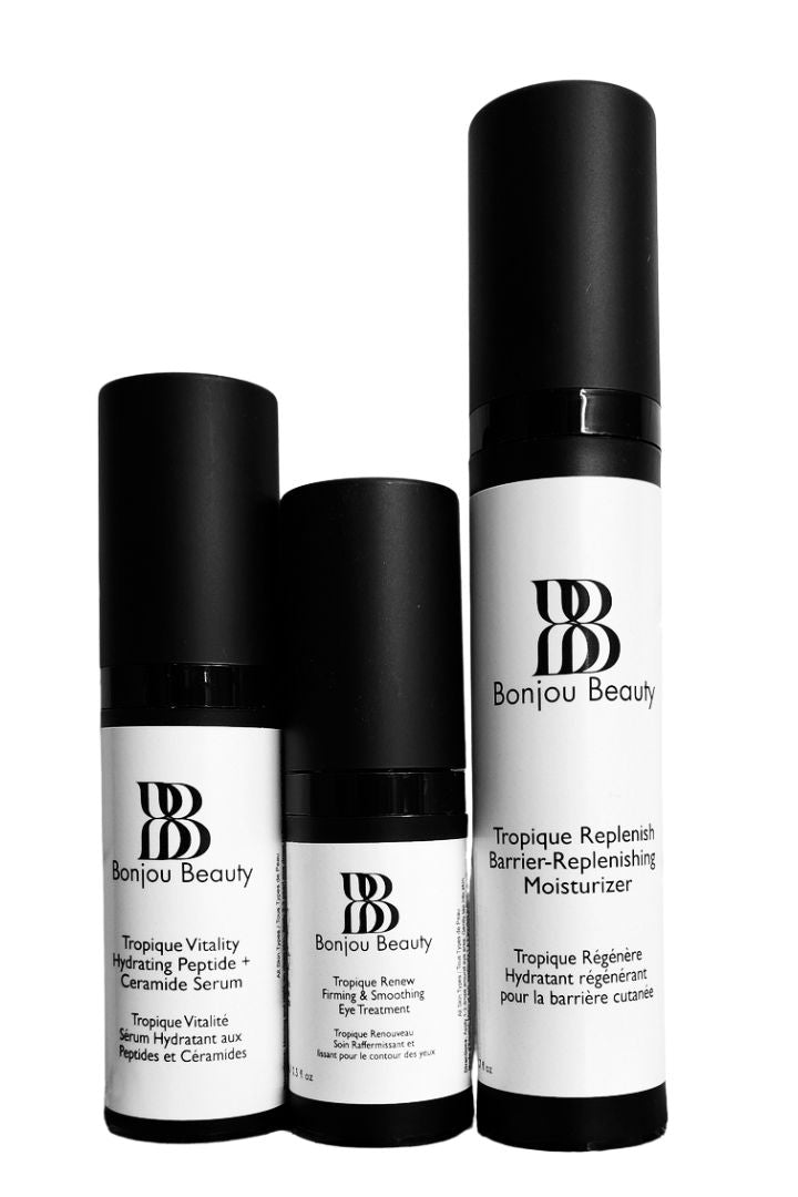 3 Bonjou Beauty skincare products with white and black packaging on a white background
