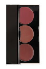 Makeup palette with three shades of blush in a black case