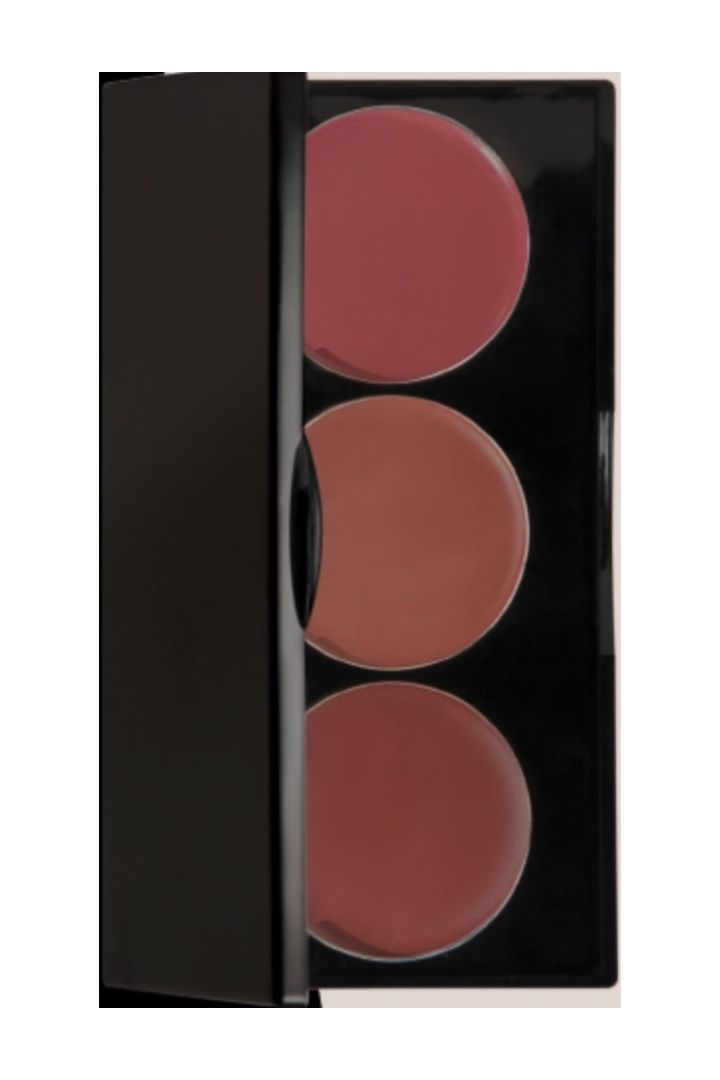 Makeup palette with three shades of blush in a black case