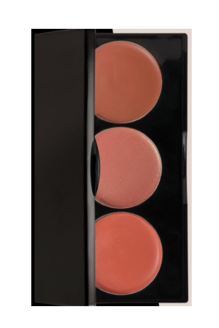 Makeup palette with three shades of blush in a black case
