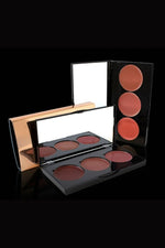 Makeup palette with multiple shades of blush on a black background
