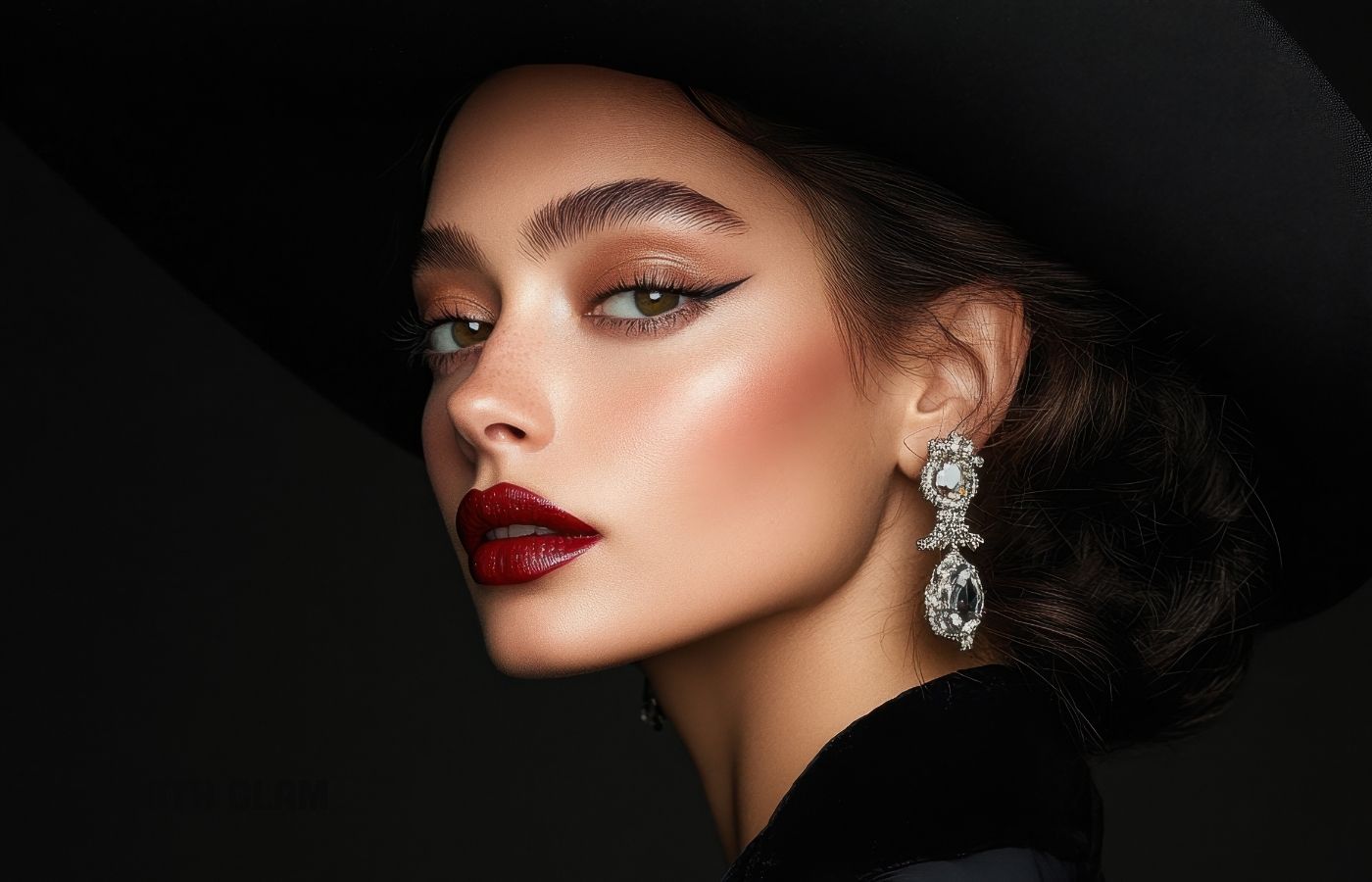 Close-up of a woman wearing dark red lipstick and winged eyeliner with crystal earrings with a dark background