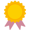 A flat vector-style award badge or ribbon icon with a yellow circular center, orange sunburst rays, and pink ribbon tails