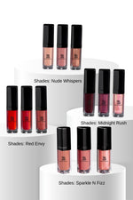 Set of lip glosses in various shades on a white background