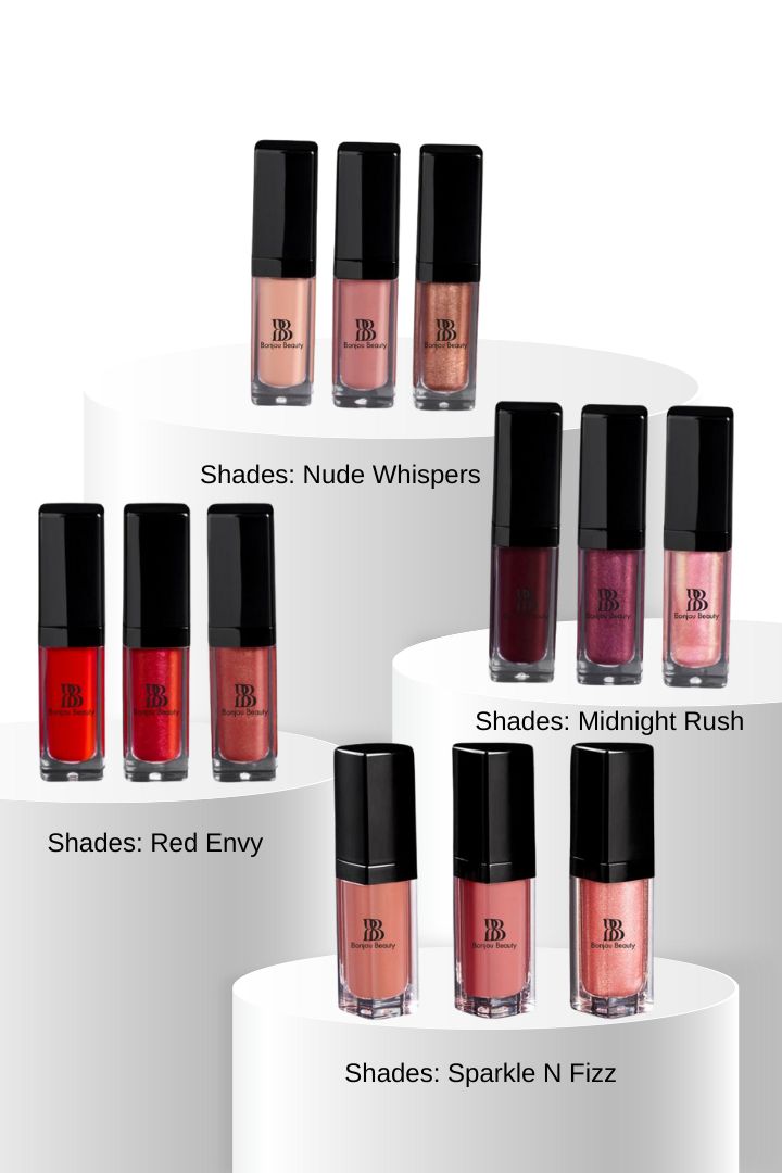 Set of lip glosses in various shades on a white background