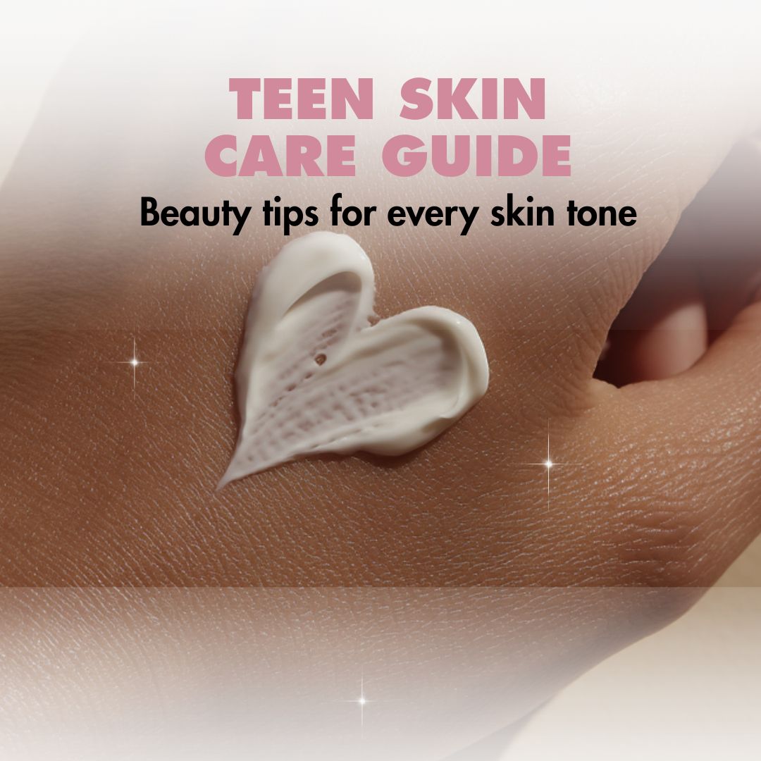 A close-up of a hand with suncreen in a heart-shape, overlaid with the text 'TEEN SKIN CARE GUIDE' and 'Beauty tips for every skin tone'.