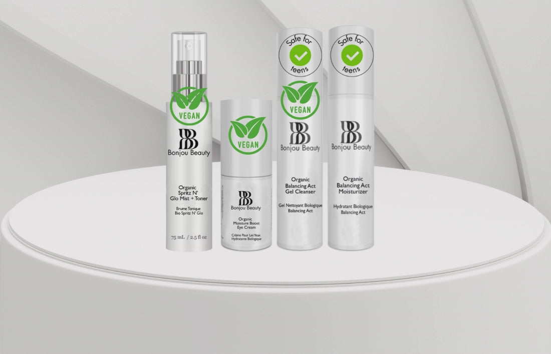 4 new Bonjou Beauty Organic Skincare products. 3 with vegan labels two also with Safe for teens labels on a white table and background.